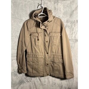 Lucky Brand Khaki Utility Field Jacket Hooded Drawstring Waist Women L